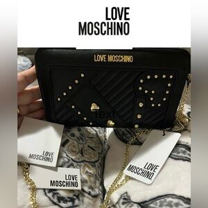 LOVE MOSCHINO Black Studded Zip-Around Clutch Wallet Crossbody, NWT